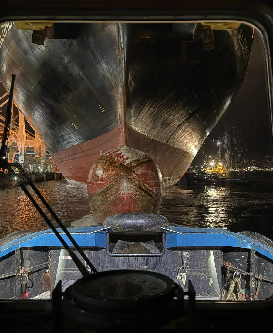 Close view of a vessel propeller during inspection